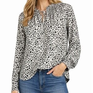 Womens Medium White Cheetah Animal Print Long Sleeve‎ Tie Neck